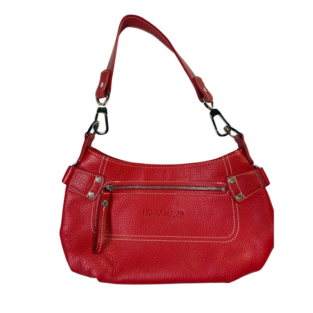 Longchamp Red Pebbled Leather Shoulder Bag White Stitching Hobo Handbag